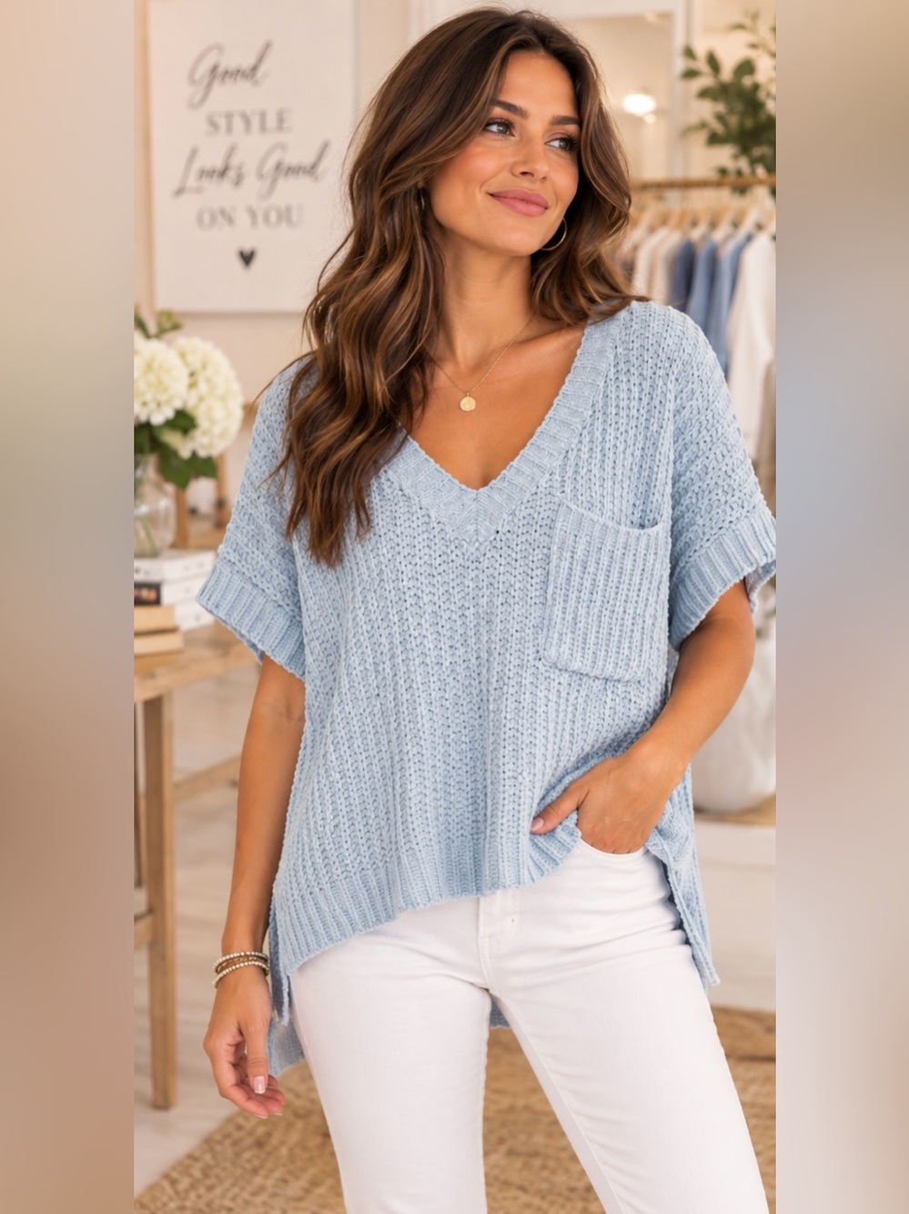 POL Light Blue Oversized Chenille Hi-Low Sweater